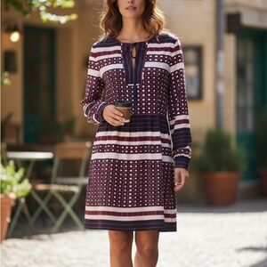 LOFT Geometric Long Sleeve Dress - Purple and White